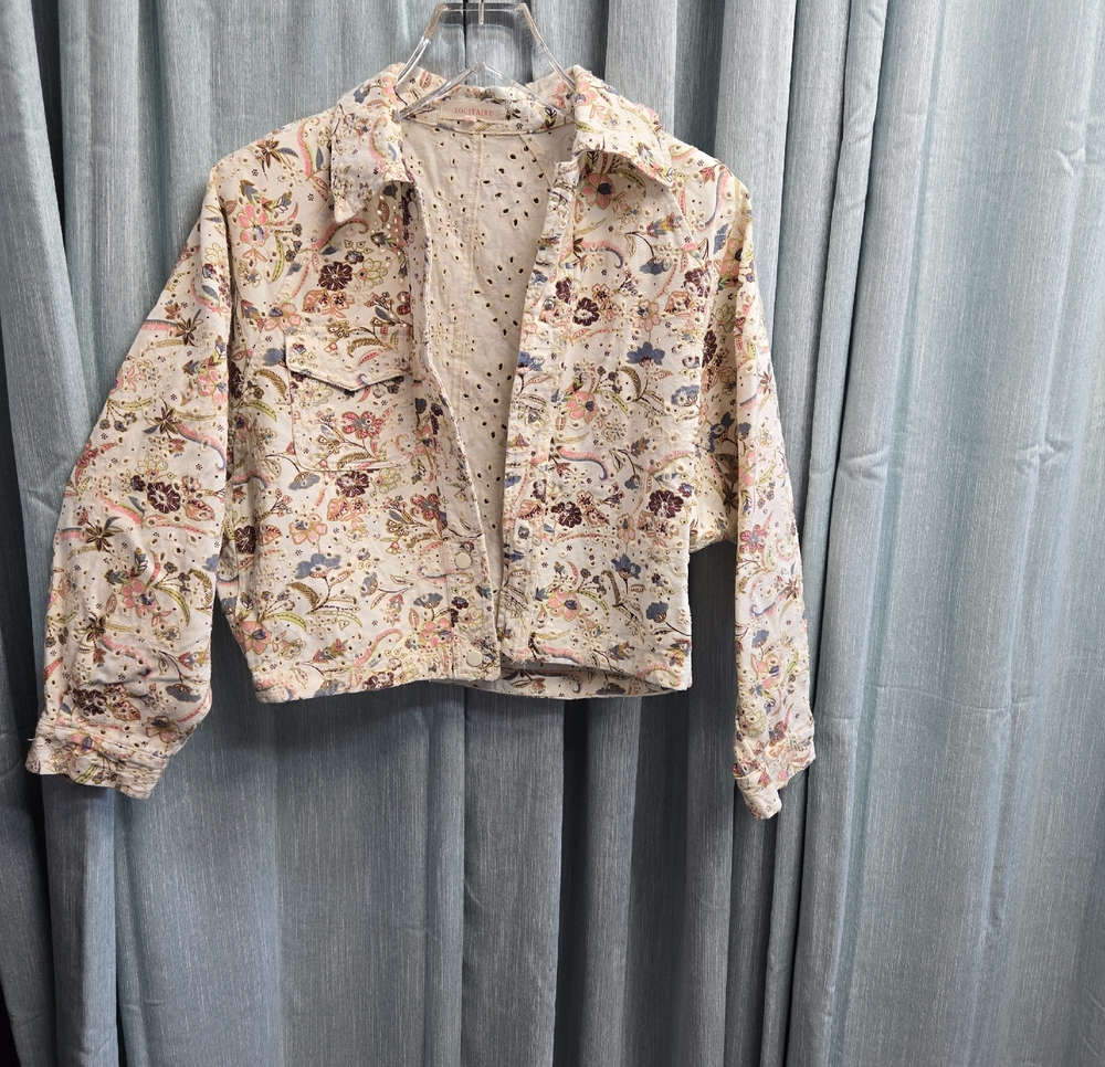 Solitaire Cream Eyelet Jacket with Pink and Blue Floral Trim
